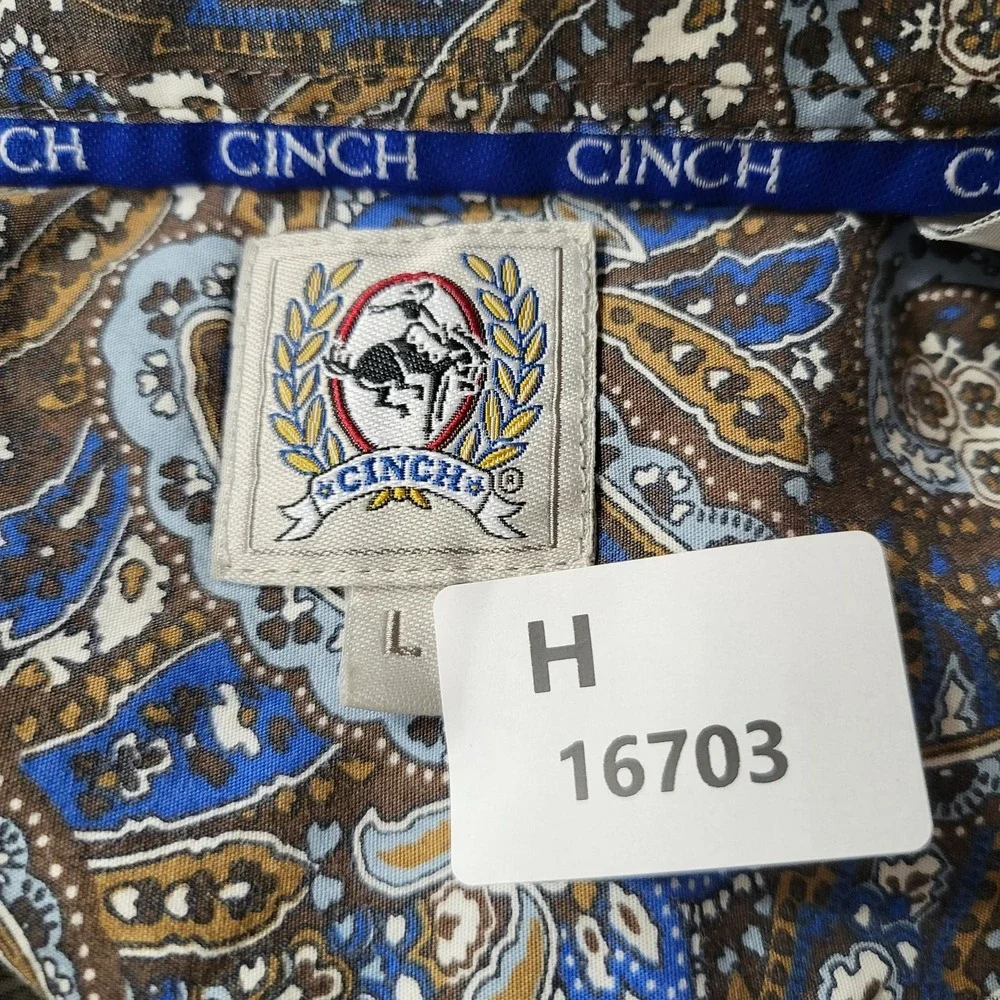 Cinch Men Button Up Shirt L Gray Logo Patch Embroidery‎ Paisley Western